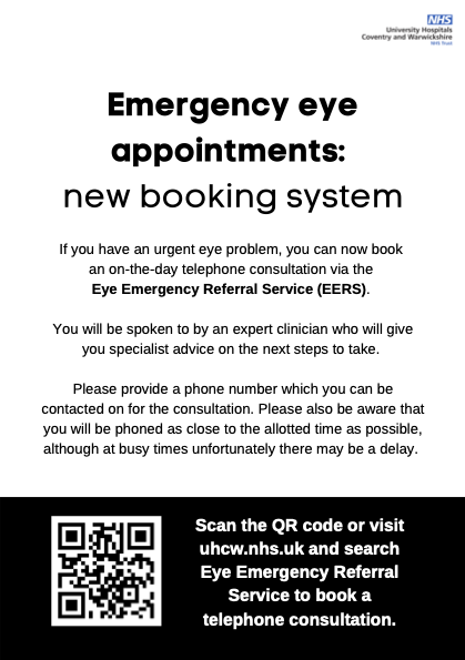 Emergency eye appointment: new booking system